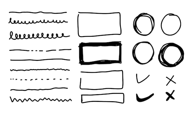 Linee e curve vettoriali di DoodleSegni di controllo e frecce disegnati a mano.