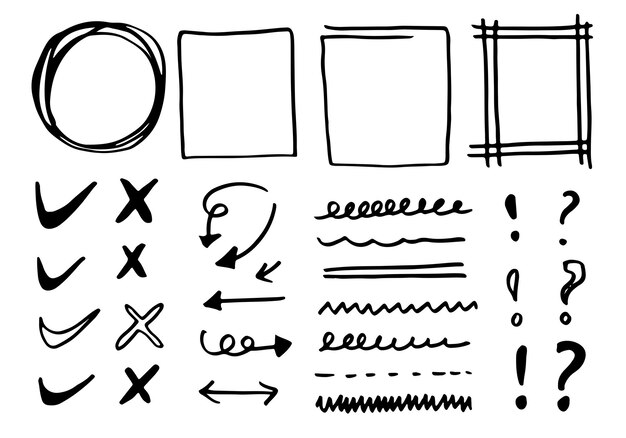 Linee e curve vettoriali Doodle Segni e cornici di controllo e frecce disegnati a mano.