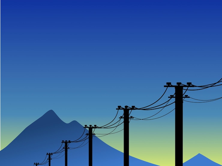 Vettore linee elettriche con paesaggio di villaggio sullo sfondo naturale