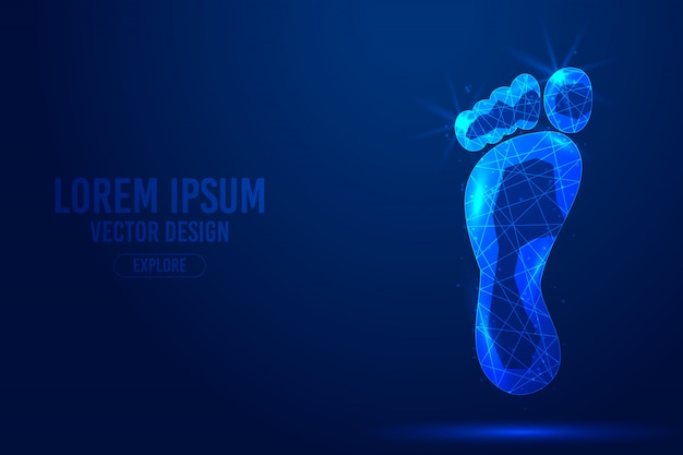 Linee geometriche di piedi piedi, modello di vettore wireframe poli basso stile. Fondo blu isolato di concetto di tecnologia di scienza della medicina poligonale.