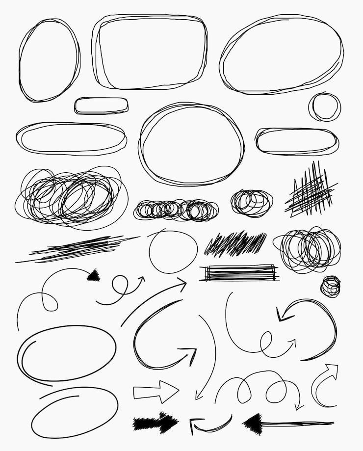 Vettore linee grunge frecce scarabocchi a matita scribbling brusco pennello pennello tratti sottolinea strikethroughs