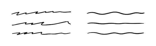 Linee nere disegnate a mano con la penna, tratti scarabocchiati, sottolineati con la matita, scribbled con il pennello, cornici, bordi.