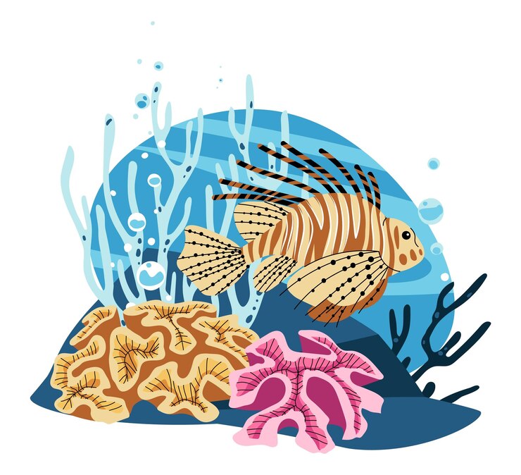 Vettore lionfish in habitat corallino isolato su bianco sorprendente arte vettoriale di predatori marini per negozi acquatici