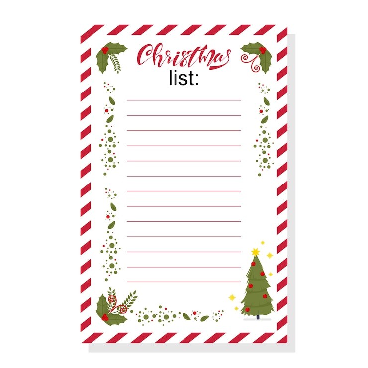 Vettore lista dei desideri di natale con foglie di bacche di agrifoglio e modello di albero di vacanza su priorità bassa bianca.