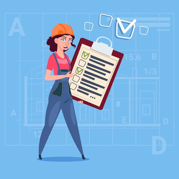 Lista di controllo femminile della tenuta del carpentiere del costruttore del fumetto