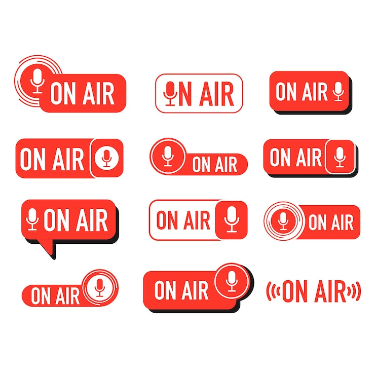 Vettore live on air pulsante rosso in onda al video blog show notifica sfondo social media in onda