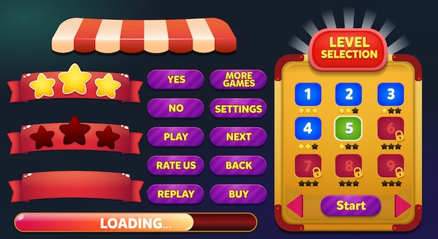 Livelli di selezione del menu di gioco con pulsanti di gioco, barra di caricamento e vittoria perdono stelle