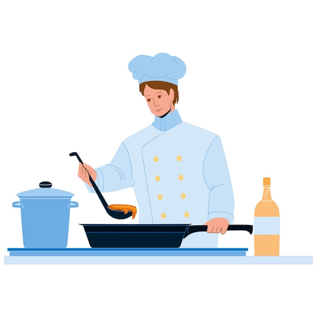 Lo chef uomo che cucina sul vettore di cucina del ristorante. Ragazzo dello chef che prepara piatto delizioso. Personaggio fornello indossando tuta professionale e cappello cucinare cibo prelibato in stoviglie piatto Cartoon Illustration