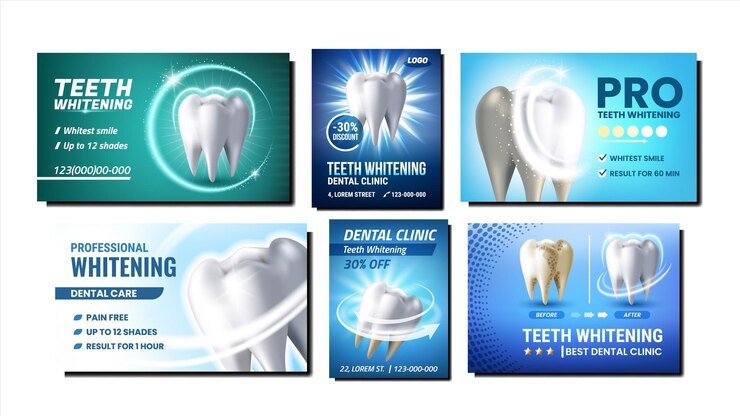 Vettore lo sbiancamento dei denti poster promozionali set vettoriale. sbiancamento dentale professionale dentista procedura raccolta di striscioni pubblicitari. illustrazioni del modello di concetto di stile di cura dentale