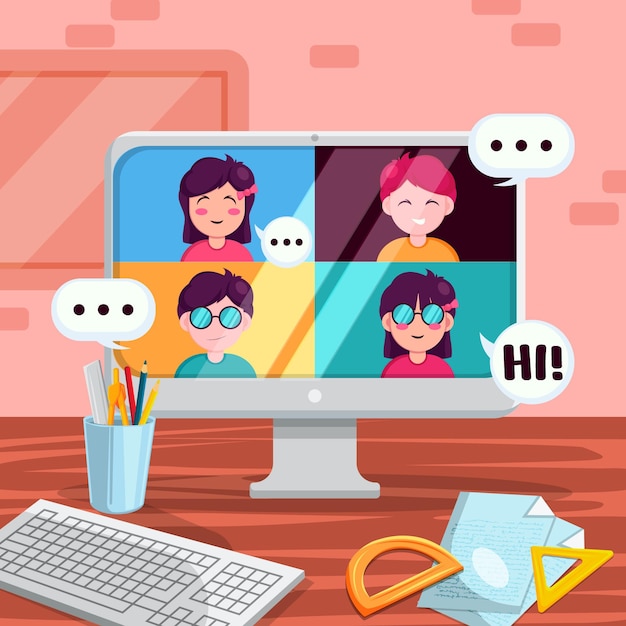 Lo schermo di un computer con sopra un gruppo di persone che salutano!