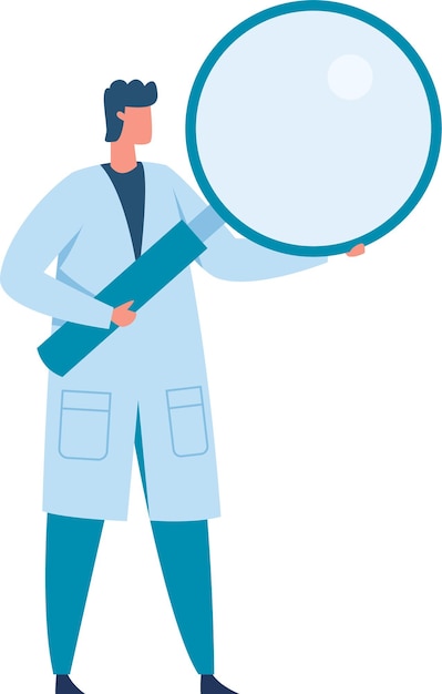 Lo scienziato che indossa un camico da laboratorio tiene in mano una grande lente d'ingrandimento che simboleggia l'indagine scientifica, l'analisi e la ricerca di conoscenze e scoperte