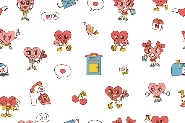Lo sfondo grazioso è un concetto d'amore. Carte di auguri per il giorno di San Valentino. Modello e consistenza funky in stile retro degli anni '60 e '70 in stile cartone animato. Modello vettoriale senza cuciture in colori rosa e rosso.