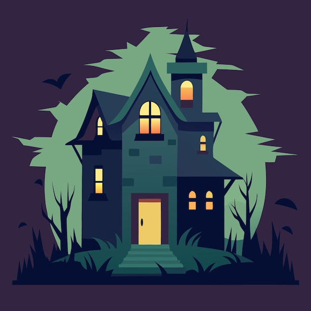 Lo spettro della notte di Halloween Casa infestata Fantasmi di luna piena Lanterne e foresta nebbiosa oscura