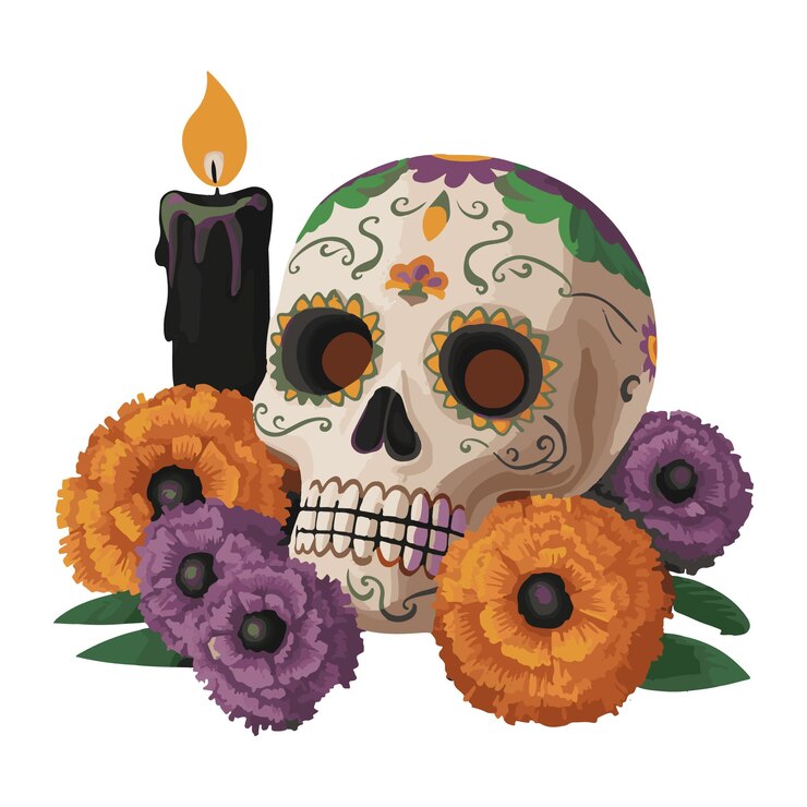 Vettore lo spirito di da de los muertos in colori e candele