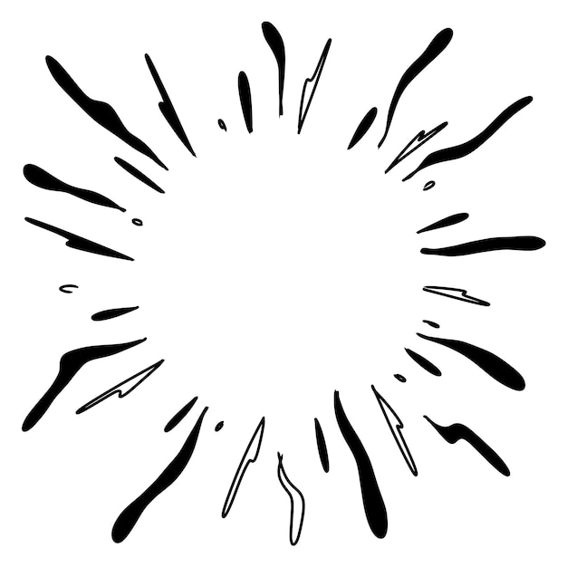 Lo stile di schizzo di Doodle di Starburst sunburst Element Fireworks Black Rays Effetto di esplosione comico Linee radiali radianti illustrazione disegnata a mano di cartone animato per il design concettuale
