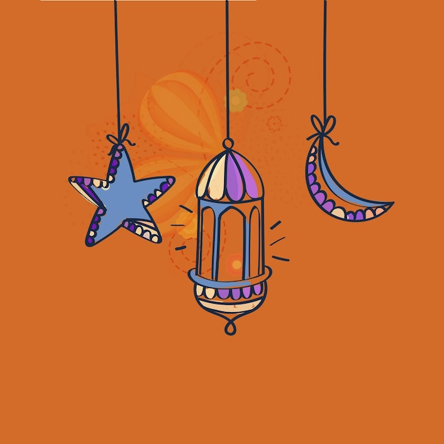 Lo stile Doodle Hanging Arabic Lantern con mezzaluna e stelle su sfondo arancione e spazio per il tuo messaggio