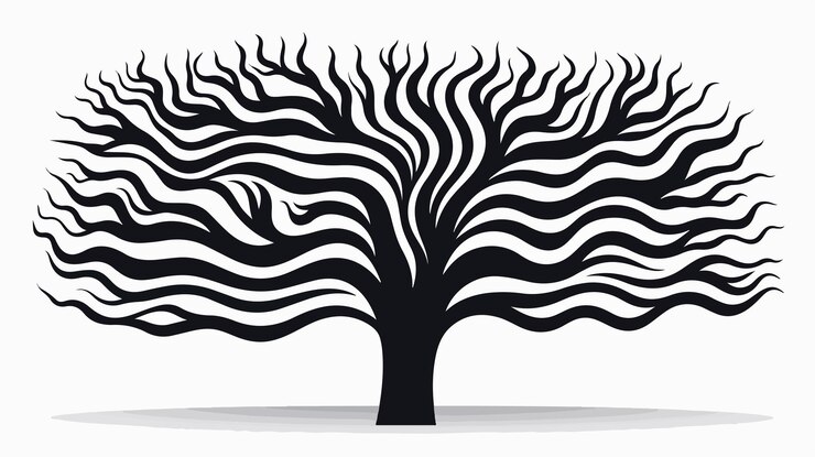 Vettore lo stupefacente disegno di un albero a righe nere su uno sfondo bianco