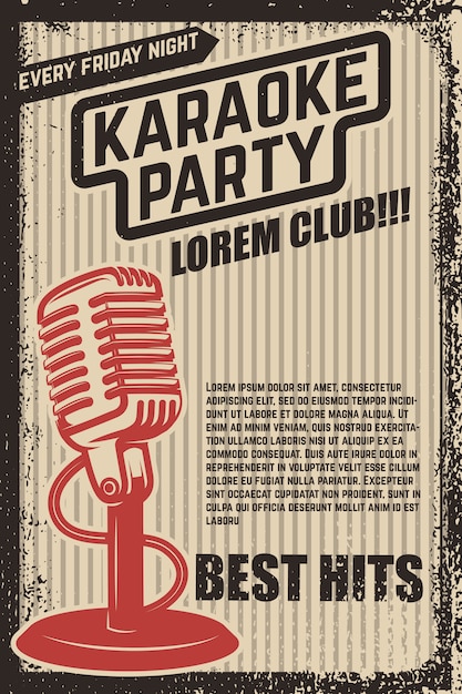 Locandina festa di karaoke. Microfono vintage su sfondo grunge. elemento per poster, volantino. illustrazione