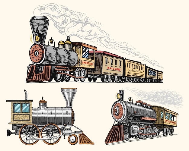 Locomotiva o treno incisa dell'annata, disegnata a mano, vecchia con vapore sulla ferrovia americana. trasporto retrò.