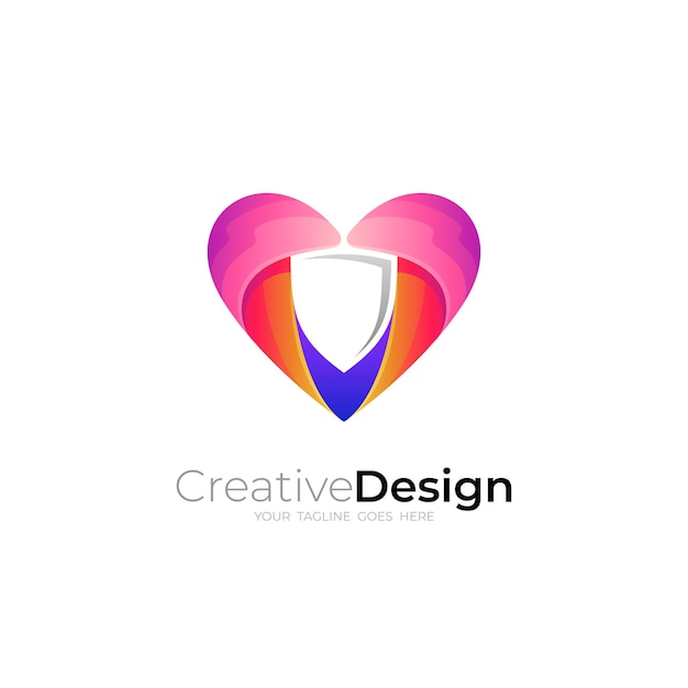 Loghi di sicurezza combinati design amore e scudo