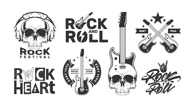 Loghi rock and roll con teschio. Etichette di design per festival musicali.