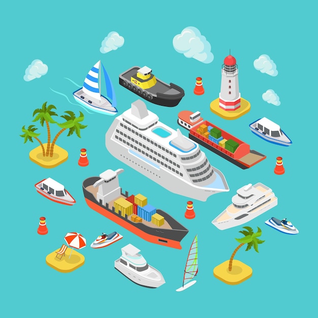 Logistica del trasporto di acqua nautica del mare dell'oceano isometrico piatto