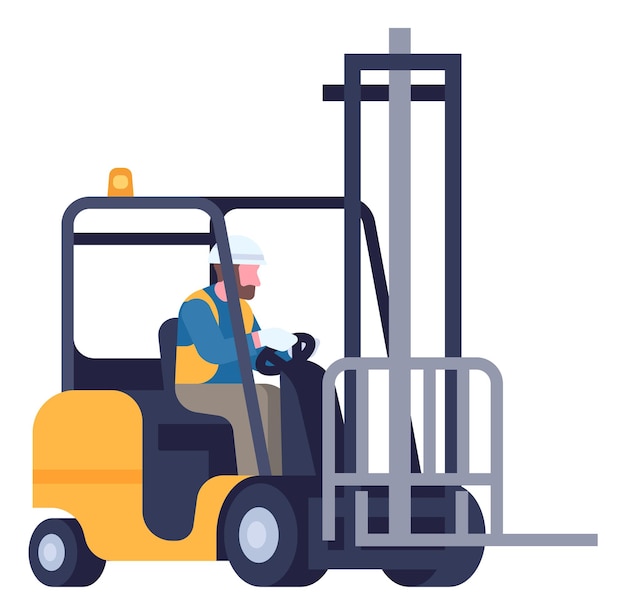 Logistica delle merci sollevamento delle merci carrello a forchetta magazzino scatole carico auto operaio guida veicolo conducente al caricatore macchina di distribuzione magazzino spedizione di container concetto vettoriale