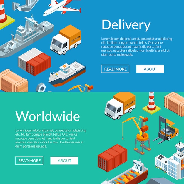 logistica marittima isometrica e modelli di banner web porto marittimo