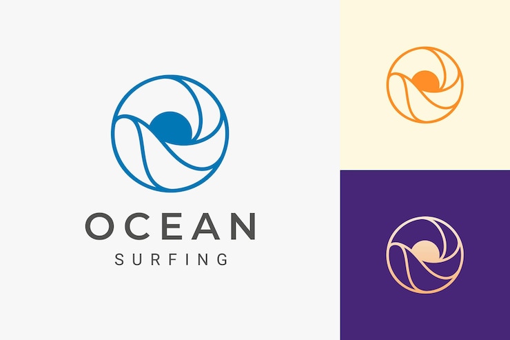 Logo a tema mare o acqua con onde e sole a forma di cerchio