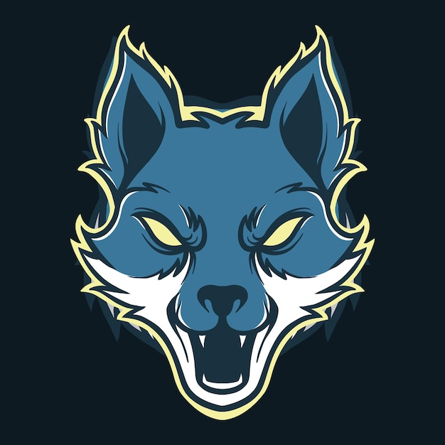 logo a testa di lupo blu disegno di mascotte per esports logo badge emblema e stampa di maglietta