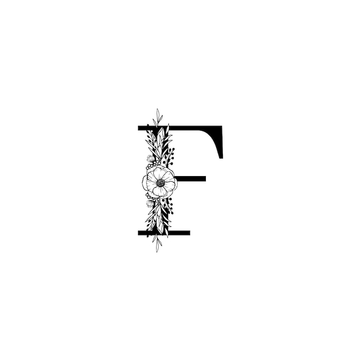 Vettore logo alfabeto floreale iniziale f lettere vettoriali monogramma botanico alfabeto floreale nero con nero