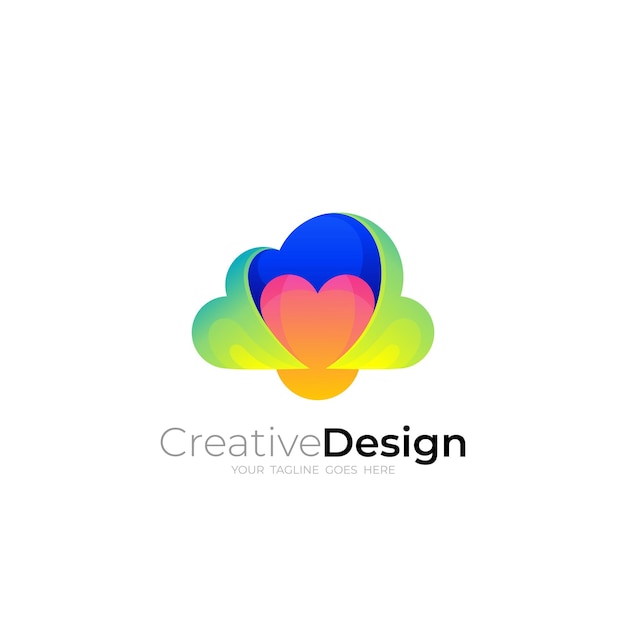 Logo astratto nuvola e combinazione di design d'amore in stile 3d