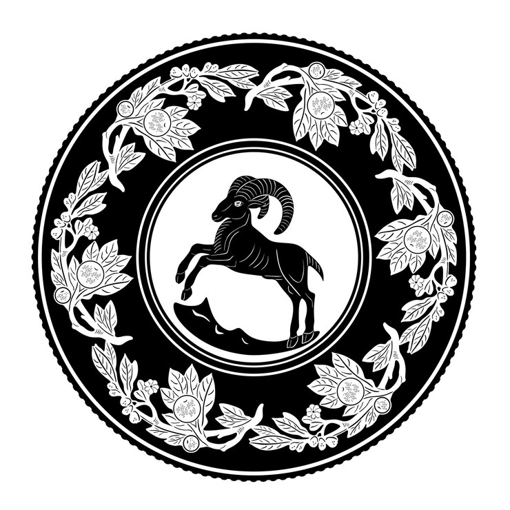 Vettore logo capra 2 con cornice floreale modello 2 silhouette fatta a mano