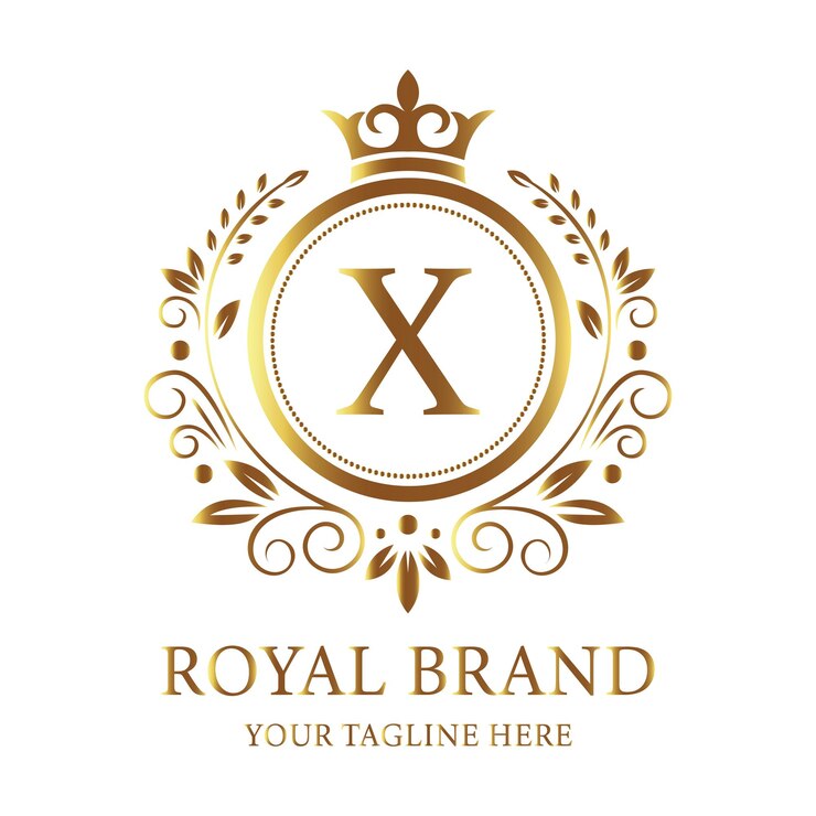 Vettore logo classico del marchio reale con la lettera monogramma x con una corona e un ornato disegno floreale dorato