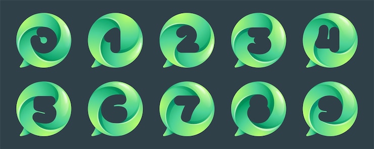 Vettore logo da 0 a 9 numeri impostati all'interno della bolla vocale con modello di vortice icona di stile spazio negativo