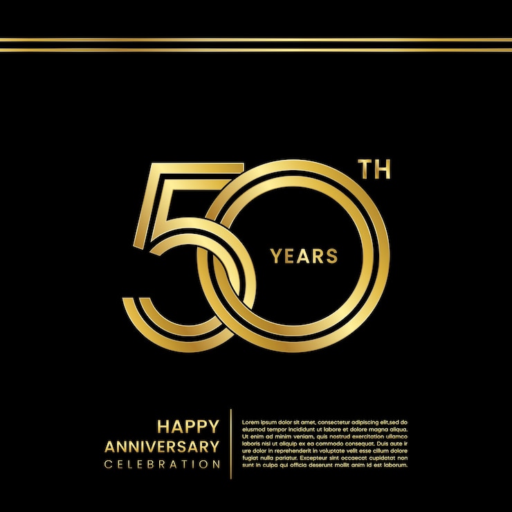 Vettore logo del 50° anniversario con design concettuale a doppia linea numero d'oro e testo line art vector