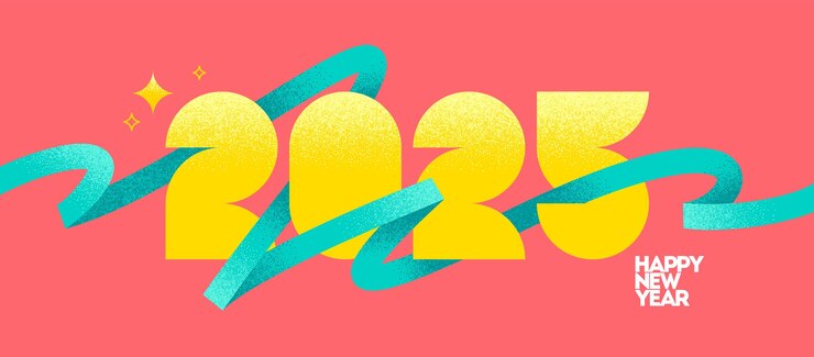 Vettore logo del capodanno 2025 con nastro segno del capedanno con linee squiggle turchesi