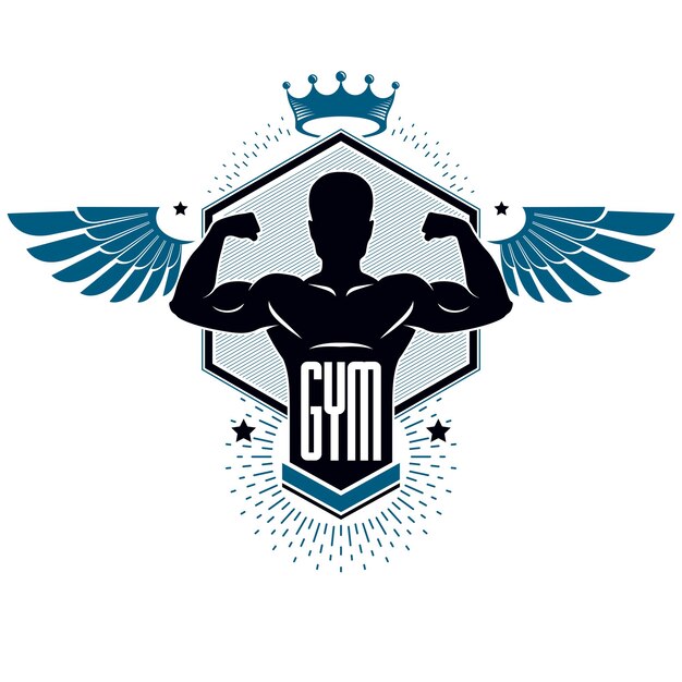 Logo del club sportivo di sollevamento pesi e fitness della palestra, emblema vettoriale in stile vintage con le ali. Con silhouette sportiva.