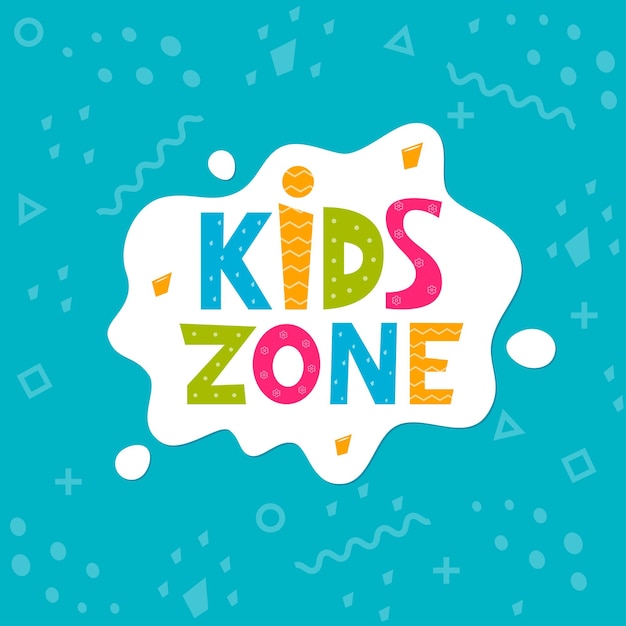 Logo del fumetto vettoriale zona bambini Lettere colorate in bolla bianca per la decorazione della sala giochi per bambini