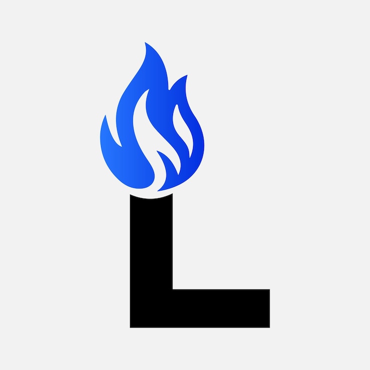 Vettore logo del fuoco blu sulla lettera l modello del fuoco blu sulla lettera l concetto iniziale del segno del fuoco