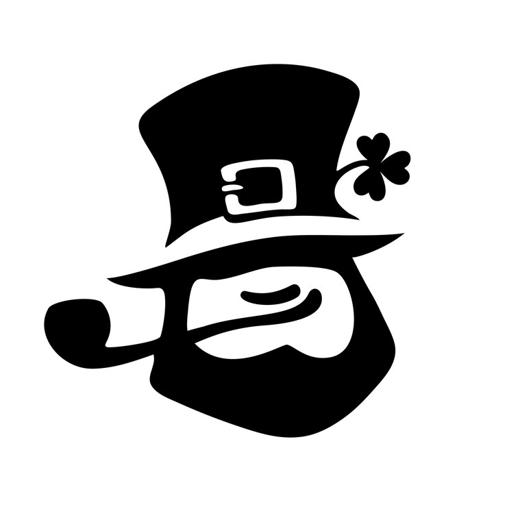 Logo del giorno di San Patrizio a forma di faccia di Leprechaun con pipa a cappello e foglia di trifoglio