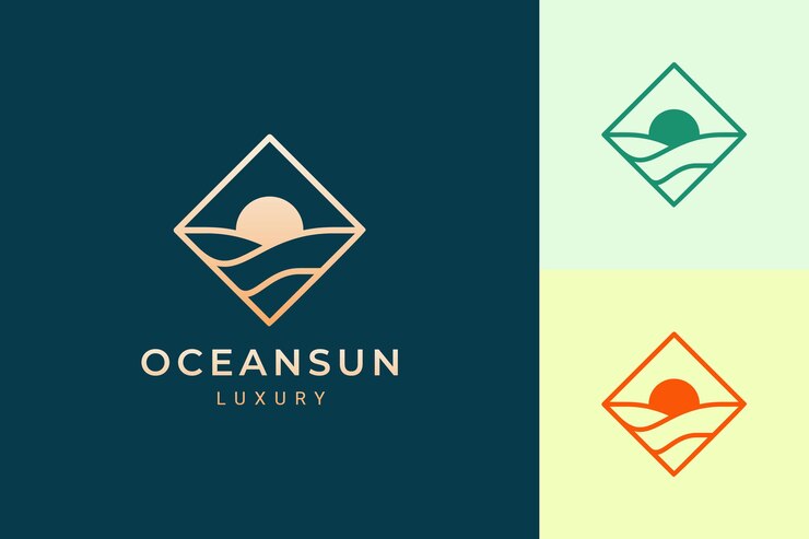 Logo del lungomare o dell'oceano in un semplice rombo con onda d'acqua e forma del sole