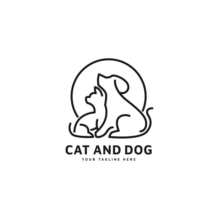 Logo del modello di arte a linea di gatto e cane con illustrazione vettoriale in stile monoline minimalista