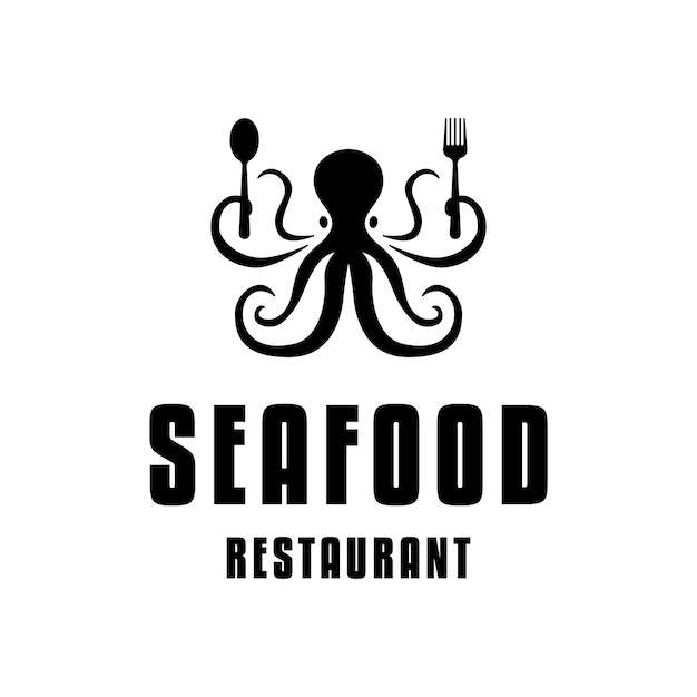 Logo del ristorante di pesce con polpo e utensili