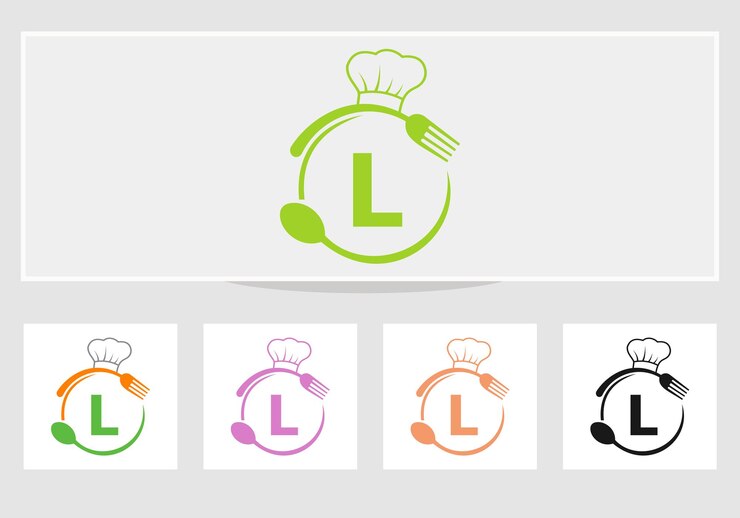 Vettore logo del ristorante lettera l con cappello da cuoco, simbolo di cucchiaio e forchetta