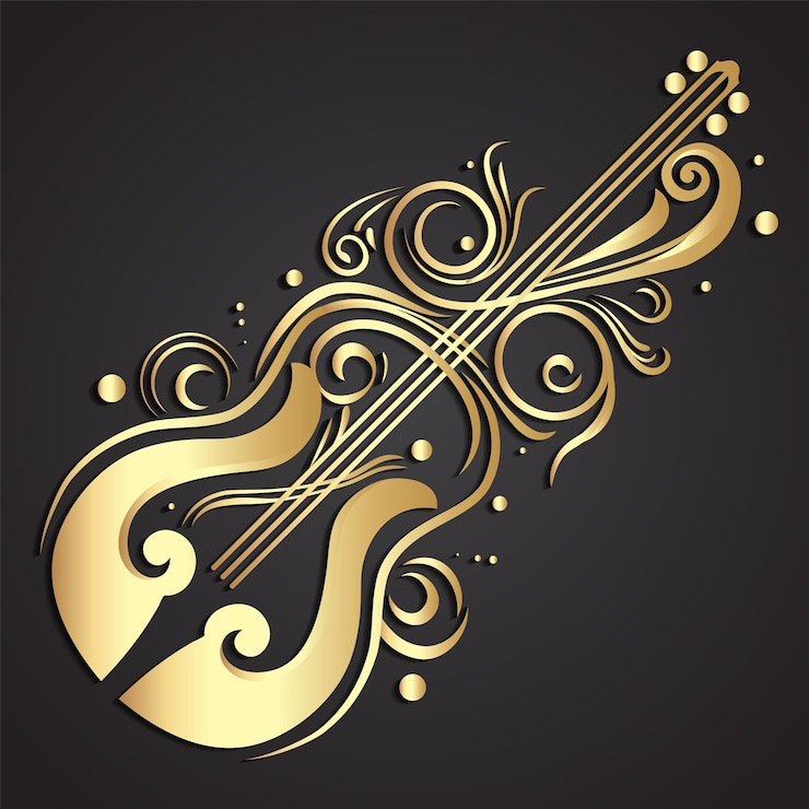Vettore logo del tema della musica di chitarra stilizzata ornamentale d'oro 3d elegante