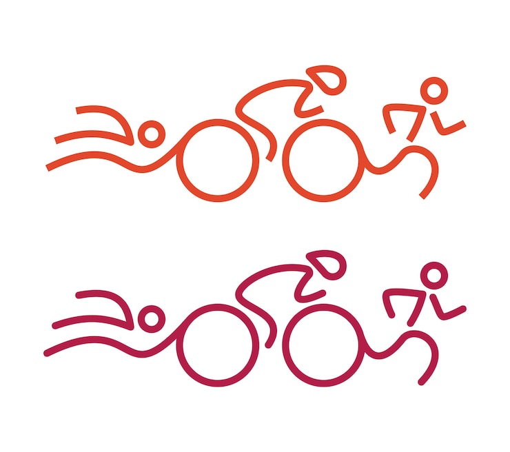 Vettore logo del triathlon come silhouette di uomini che nuotano, cavalcano e corrono