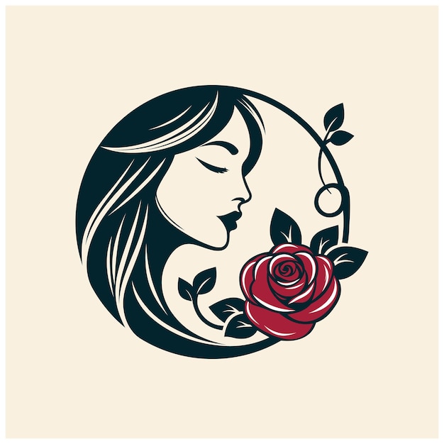 Logo del viso di una ragazza con combinazione di design floreale e design in linea circolare