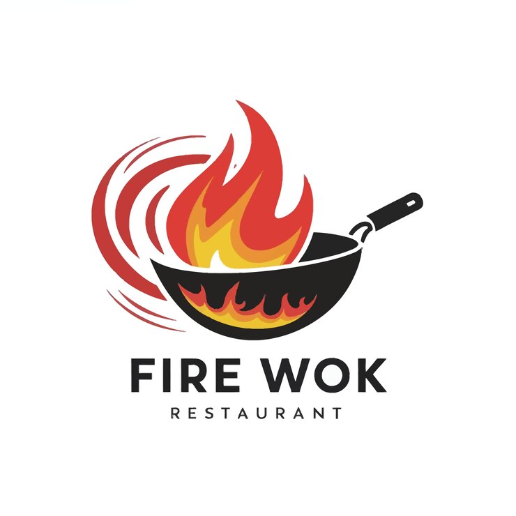 Logo dell'illustrazione del fuoco e del wok
