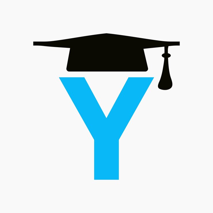 Vettore logo dell'istruzione sulla lettera y con l'icona del cappello di laurea simbolo di studio